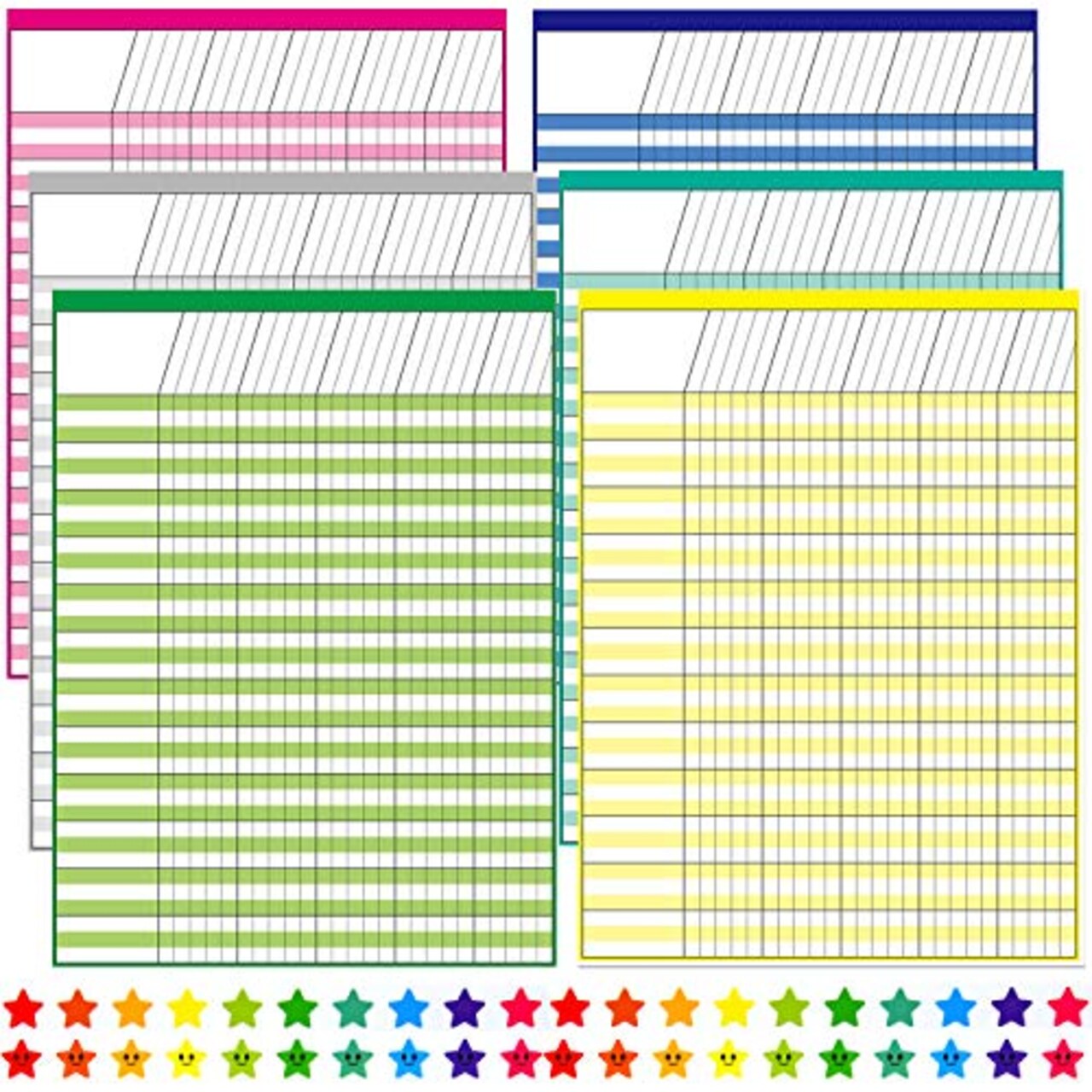 6 Pack Multi-Color Laminated Dry Erase Incentive Chart with 120 Reward Star Stickers for Chore Responsibility, School Attendance, Homework Progress Tracking Chart (17 Inch x 22 Inch)